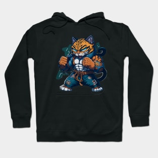 Tiger Cat Fight Club: Cartoon Feline in Jeans and Tee Hoodie